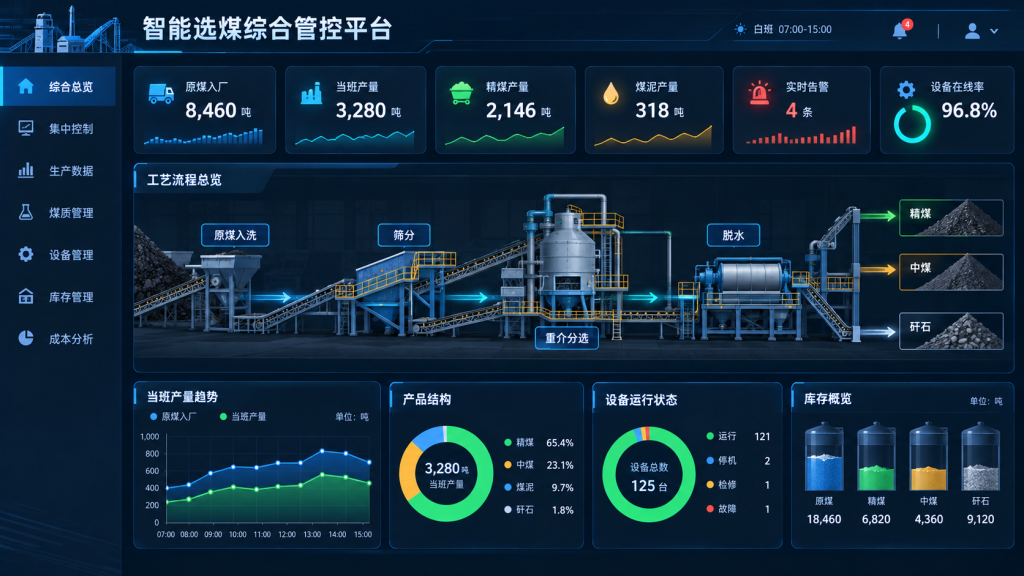 洗煤厂生产管理系统案例:集中控制、煤质管理与设备库存一体化看板